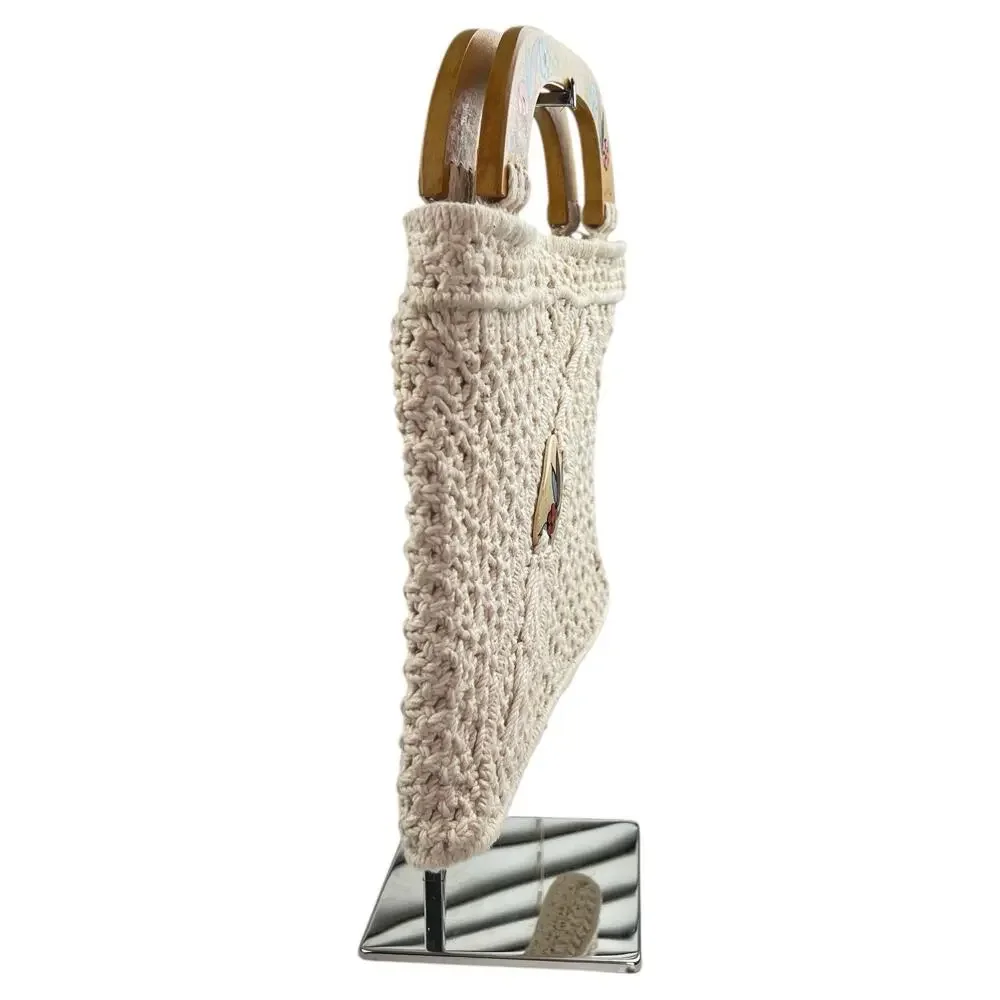 Vintage 70s Macrame Handbag Cream Boho Purse Painted Wooden Handles Folk Art
